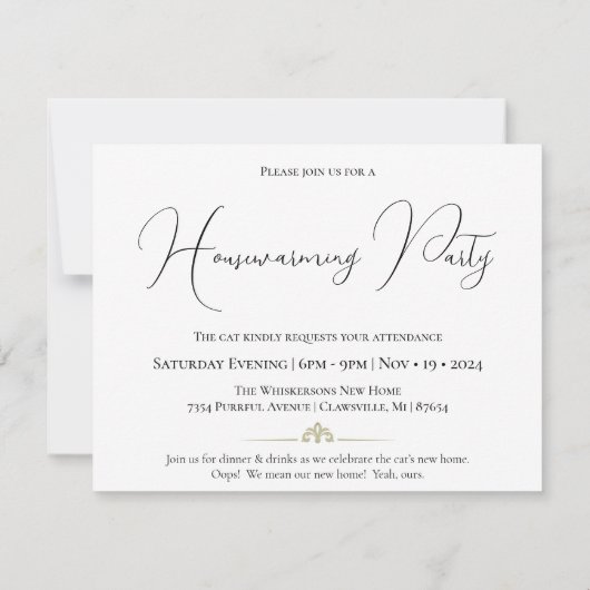 Minimalisme Zittende Kat Zwart & Wit Housewarming Kaart (Achterkant)