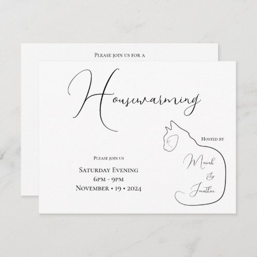 Minimalisme Zittende Kat Zwart & Wit Housewarming Kaart (Voorkant / Achterkant)
