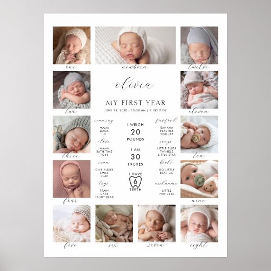 Minimalist 1st Birthday Milestone Photo Collage Poster (Voorkant)