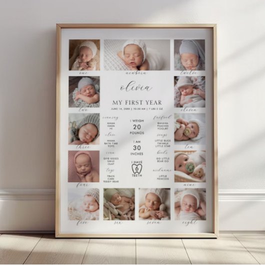Minimalist 1st Birthday Milestone Photo Collage Poster