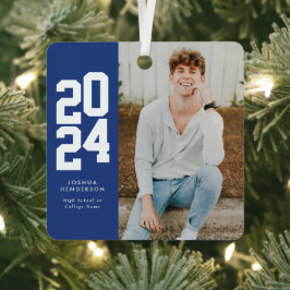 Minimalist 2024 Blauw Wit Foto Afstuderen Metalen Ornament