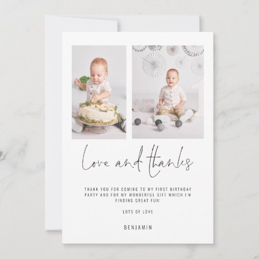 Minimalist 2 foto's 1e Verjaardag Liefde en Bedank Kaart (Voorkant)