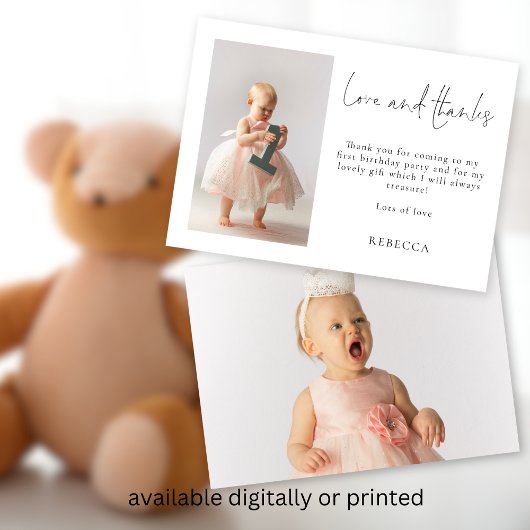 Minimalist 2 foto's 1e Verjaardag Liefde en Bedank Kaart