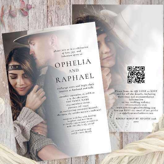 Minimalist 2 foto's QR Code Bohemian Wedding Kaart