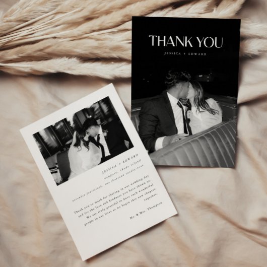Minimalist 2-Photo Black & White Custom Wedding Bedankkaart