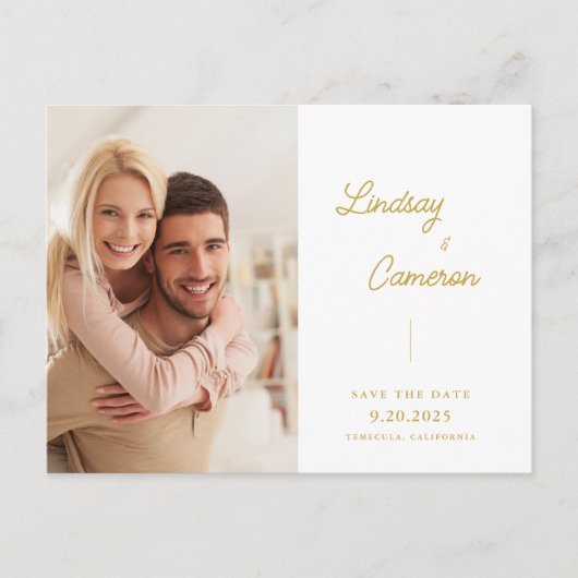 Minimalist 2 Photo Gold Script Sla de datum op Briefkaart (Voorkant)