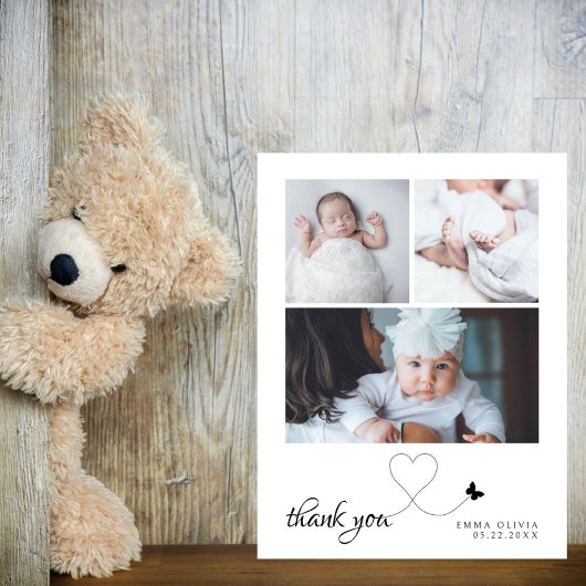 Minimalist 3 foto chique Baby shower Dank u Briefkaart