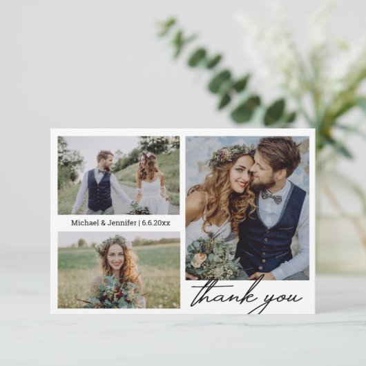 Minimalist 3 foto's Collage bruiloft Dank u Kaart (Staand voorkant)
