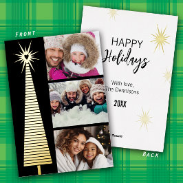 Minimalist 3 photo Gold Foil Christmas Tree Card Folie Feestdagenkaart