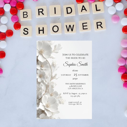 Minimalist 3D White Floral Elegant Bridal Shower Kaart