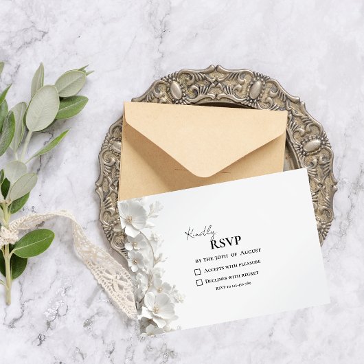 Minimalist 3D White Floral Elegant Luxury Wedding RSVP Kaartje