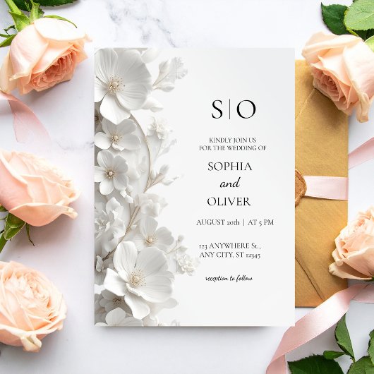 Minimalist 3D White Floral Luxury Elegant Wedding Kaart