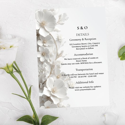Minimalist 3D White Floral Modern Luxury Wedding Informatiekaartje