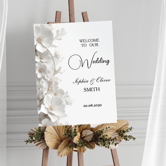 Minimalist 3D White Floral  Wedding Welcome Sign  Poster