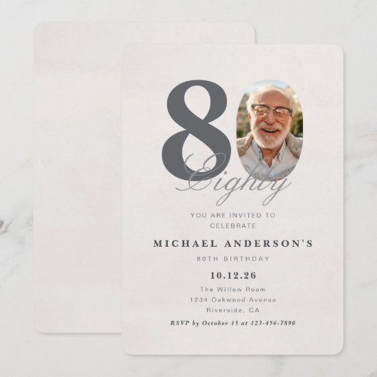 Minimalist 80th Year Birthday Invitation Kaart (Voorkant / Achterkant)