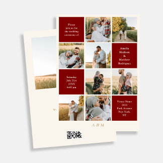 Minimalist 9 Photo Ivory Burgundy Wedding  Kaart