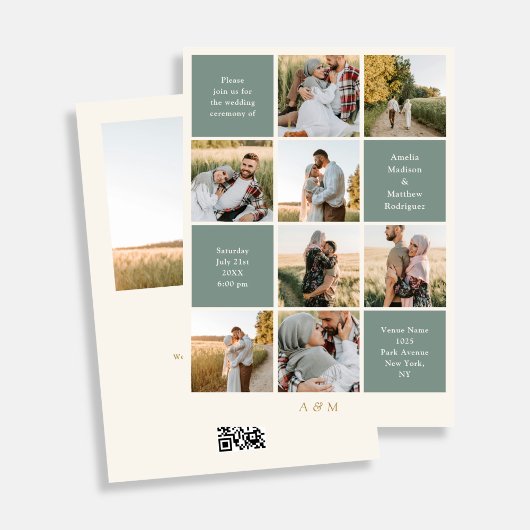 Minimalist 9 Photo Ivory Sage Green Wedding Kaart