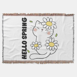 Minimalist Aesthetic Hello Spring Cat & Daisy  Deken