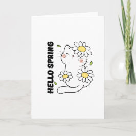 Minimalist Aesthetic Hello Spring Cat & Daisy  Kaart