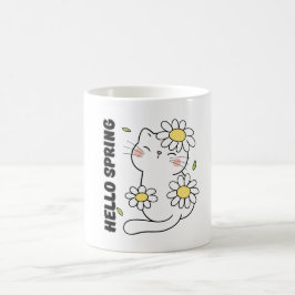 Minimalist Aesthetic Hello Spring Cat & Daisy  Koffiemok