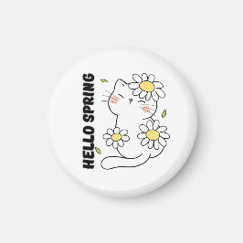 Minimalist Aesthetic Hello Spring Cat & Daisy  Magneet