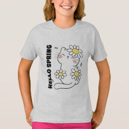 Minimalist Aesthetic Hello Spring Cat & Daisy  T-shirt
