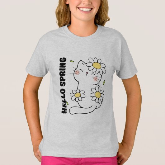 Minimalist Aesthetic Hello Spring Cat & Daisy  T-shirt (Voorkant)