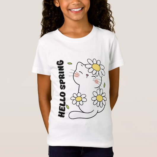 Minimalist Aesthetic Hello Spring Cat & Daisy  T-shirt (Voorkant)
