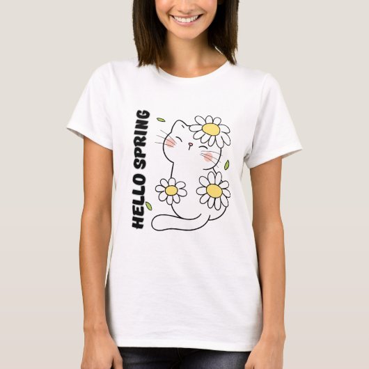 Minimalist Aesthetic Hello Spring Cat & Daisy  T-shirt (Voorkant)