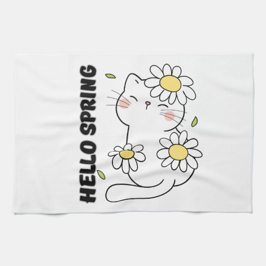 Minimalist Aesthetic Hello Spring Cat & Daisy  Theedoek (Horizontaal)