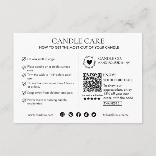 Minimalist and Modern Candle Care Card Template Informatiekaartje (Achterkant)