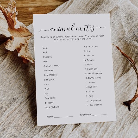 Minimalist Animal Mates Quiz Bridal Shower Game Kaart
