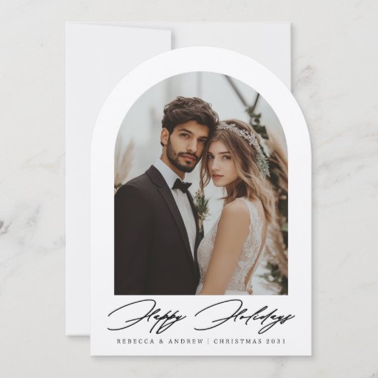 Minimalist Arch Photo Holiday Wedding Aankondiging (Voorkant)
