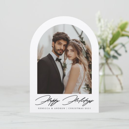 Minimalist Arch Photo Holiday Wedding Aankondiging (Staand voorkant)