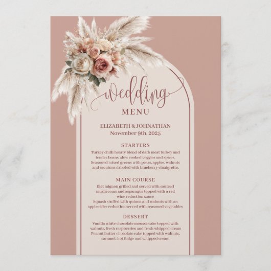 Minimalist Arch Powder Pink Pampas Floral Wedding  Menu (Voorkant)