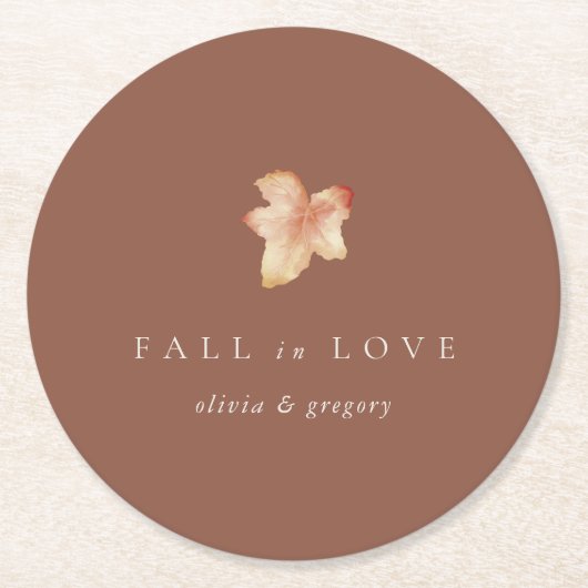 Minimalist Autumn Leaf "Fall in Love" Personalized Ronde Kartonnen Onderzetter (Voorkant)