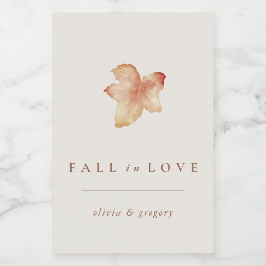 Minimalist Autumn Leaf "Fall in Love" Personalized Wijn Etiket (Enkel label)