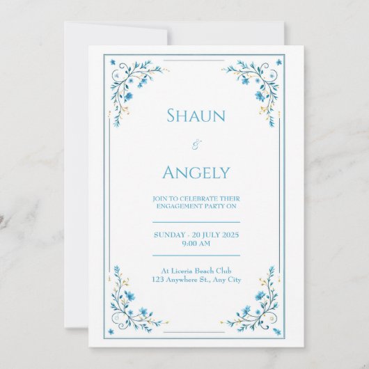 Minimalist Azure Blue Floral Gold Vine Wedding Kaart (Voorkant)