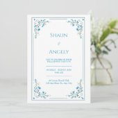 Minimalist Azure Blue Floral Gold Vine Wedding Kaart (Staand voorkant)
