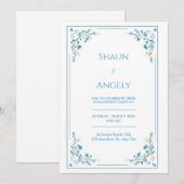 Minimalist Azure Blue Floral Gold Vine Wedding Kaart (Voorkant / Achterkant)