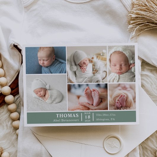 Minimalist Baby Photo Collage Announcement Card Kaart