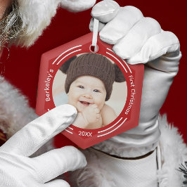 Minimalist Baby Photo Red First Christmas Glas Ornament