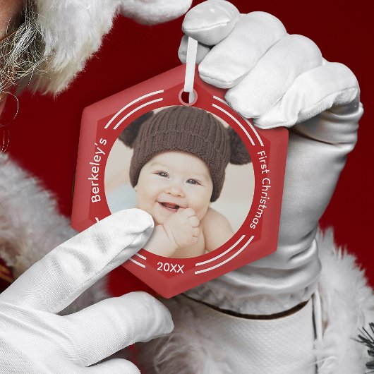 Minimalist Baby Photo Red First Christmas Glas Ornament