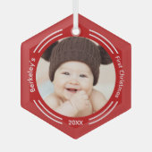 Minimalist Baby Photo Red First Christmas Glas Ornament (Voorkant)
