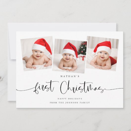 Minimalist Baby's First Christmas 3 Foto Schattige Feestdagenkaart (Voorkant)