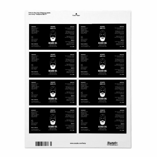 Minimalist Beard Oil Label Black Product Packaging (Full Sheet)
