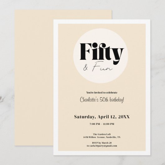 Minimalist Beige 50th Birthday Invitation  Kaart (Voorkant / Achterkant)