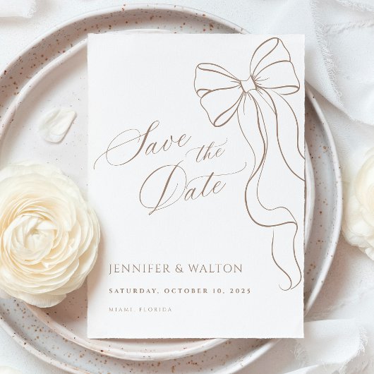 Minimalist Beige Bow Save the Date Card Kaart