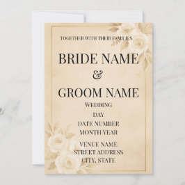 Minimalist Beige & Gold Floral Wedding Invitation Kaart