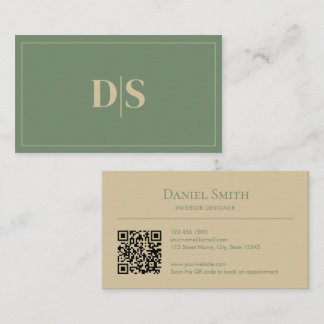 Minimalist Beige Muted Green Initials QR Code Visitekaartje